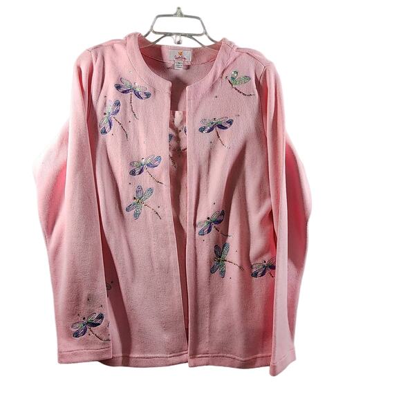 Quacker Factory M Pink Embroidered DRAGONFLY Pull Over 1pc Tank & Cardigan Set - Picture 1 of 9